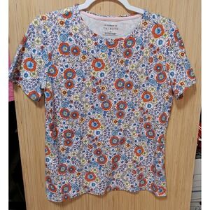 Talbots Sz M Enchanted Blooms Floral Short‎ Sleeve Orange Yellow Blue Crew Neck